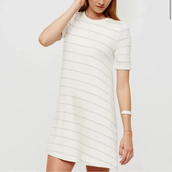 Loft Lou & Grey Women’s Large Ivory with Gray Strips Swing T-Shirt Midi Dress - Picture 1 of 8